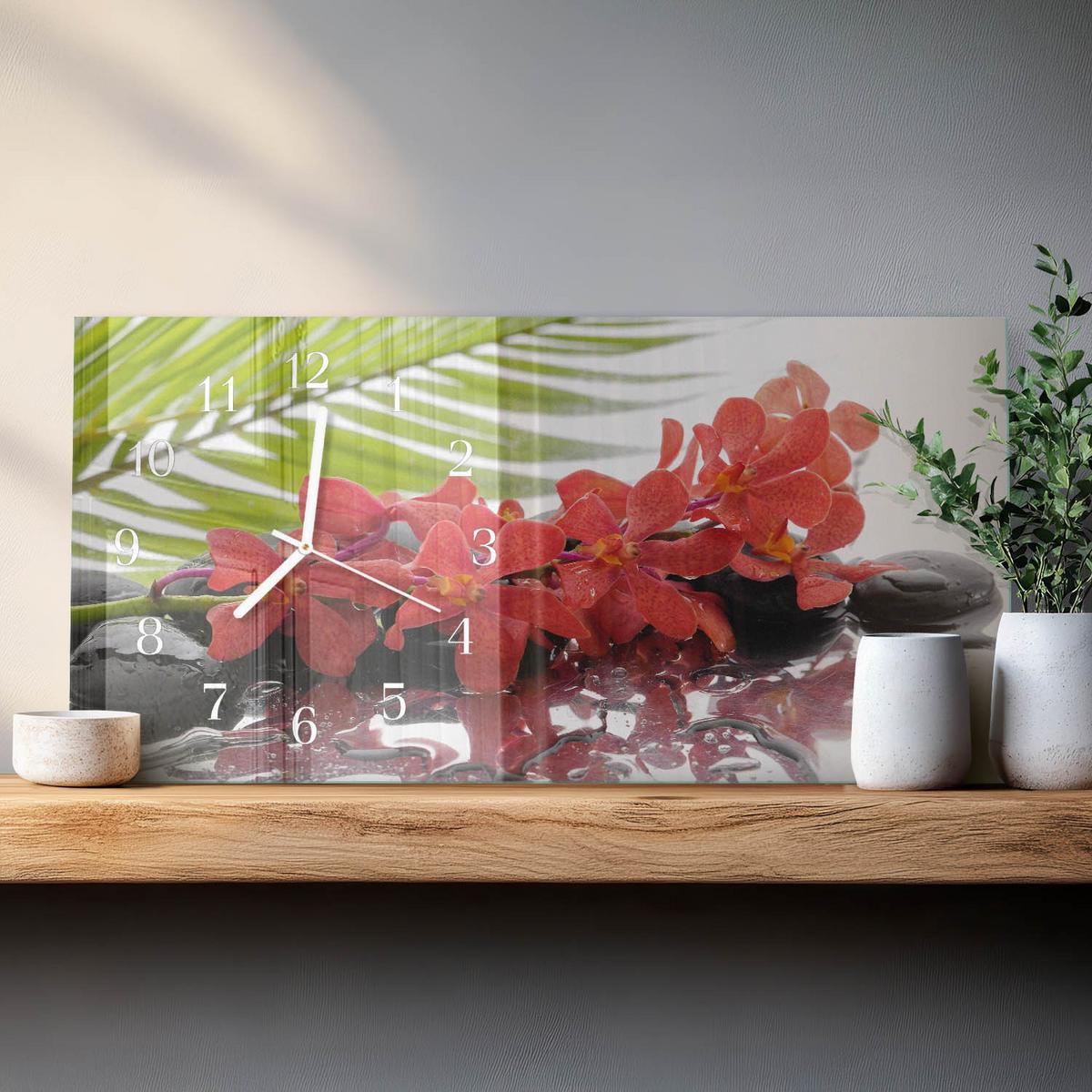 WANDUHR aus Glas 60x30 cm - Blumen und Steine - Rot, Glas (60/30/0.4cm) - TULUP