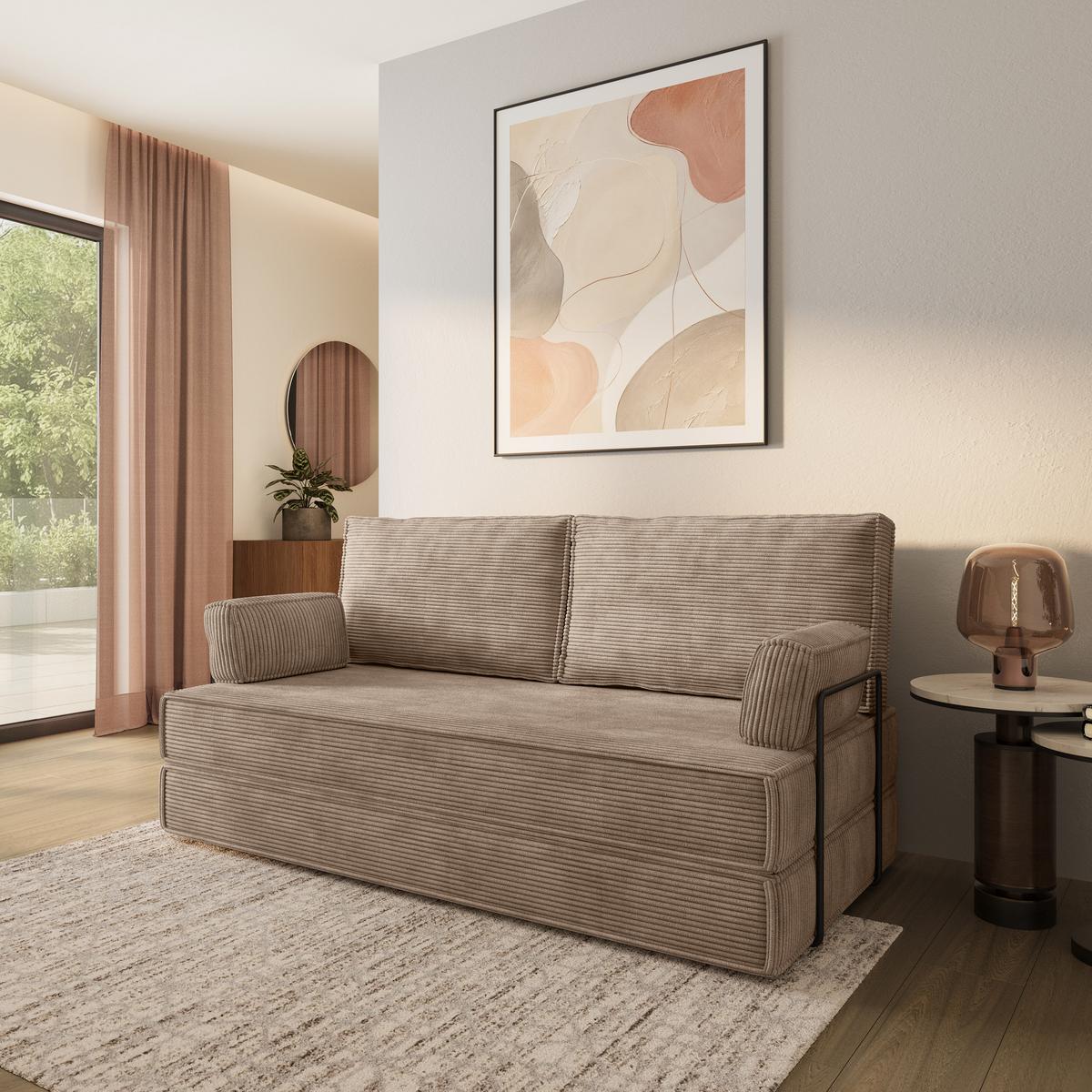 BETTSOFA SILAR aus Schaumstoff Kordstoff Beige Schlaffunktion - Beige, Textil (170/86/80cm) - MASSENO