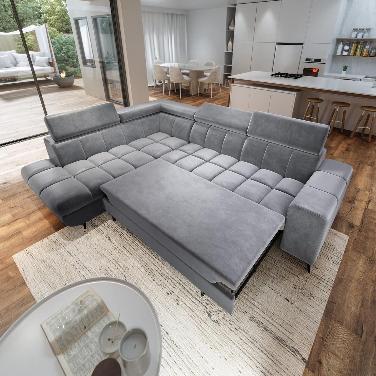 ECKSOFA MORIVA L-S Hellgrau Velours-Stoff mit Schlaffunktion - Hellgrau, Holz (253/190cm) - MASSENO
