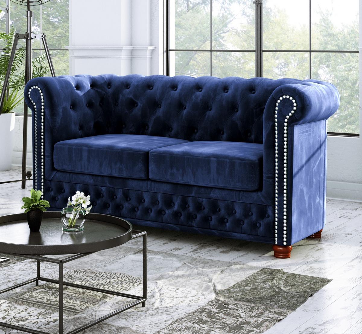 CHESTERFIELD-SOFA 2-sitzer Lauren Marineblau Samt - Dunkelblau/Braun, Holz/Textil (148/72/86cm) - S-Style Möbel