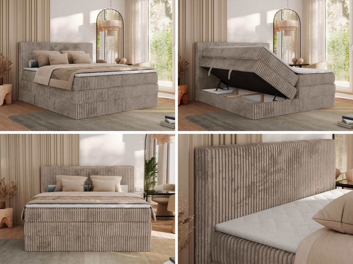 BOXSPRINGBETT TILIANO KING - 160/200 - Hellbraun Cord - H4 - Hellbraun, Holz/Textil (160/200cm) - MKS