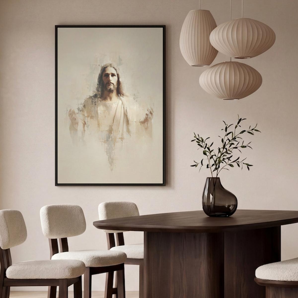 LEINWAND Bilder mit Rahmen - Porträt - Abstrakt - Jesus - Beige - 80x120 - Beige, Textil (80/120cm) - MuchoWow