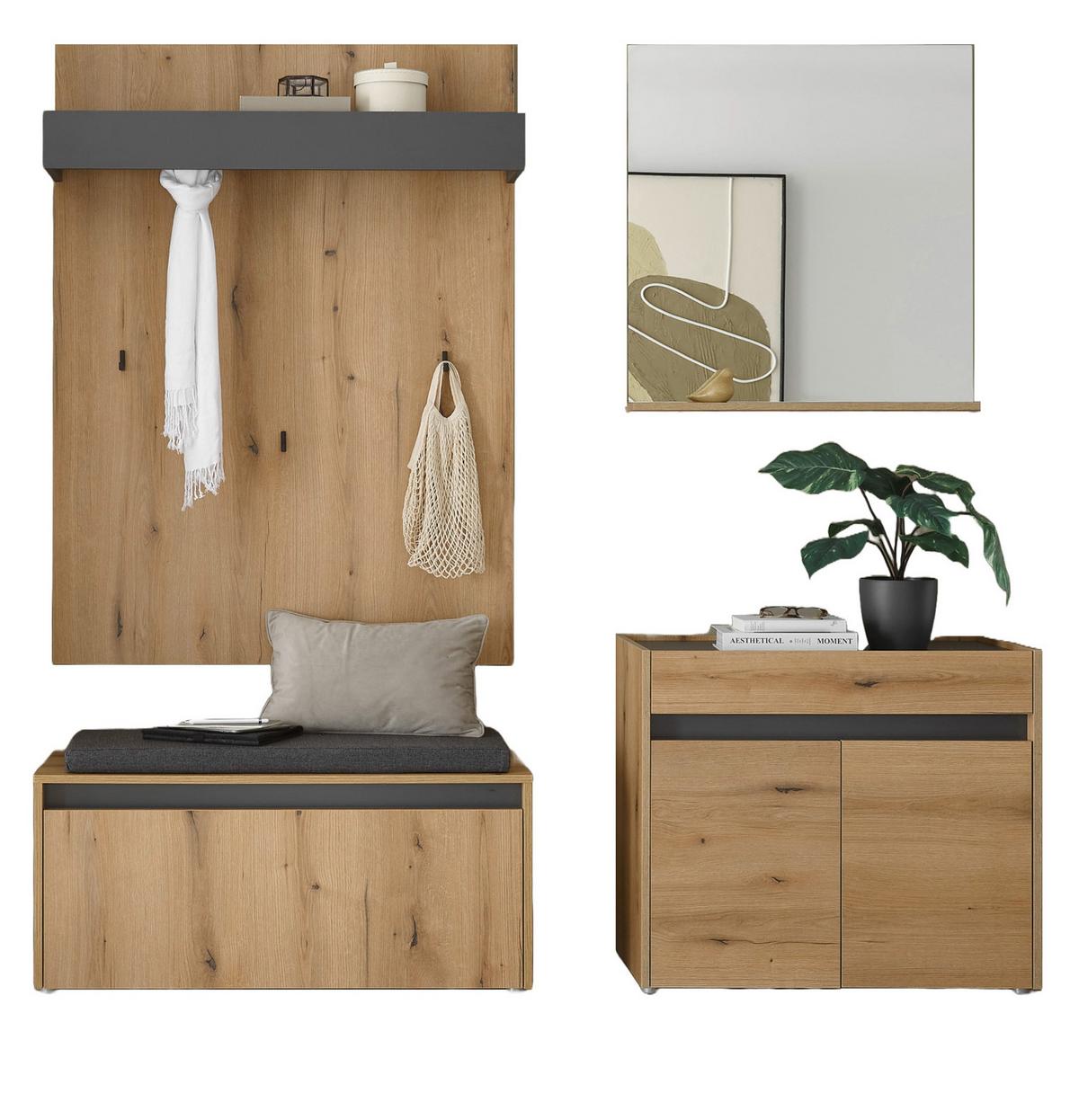 GARDEROBE-SET Evoke Eiche mit Grau, 5-teilige Flurgarderobe 190 cm inklusive Sitzkissen - Eichefarben/Schwarz, Glas/Holzwerkstoff (190/200/40cm) - Furn.Design