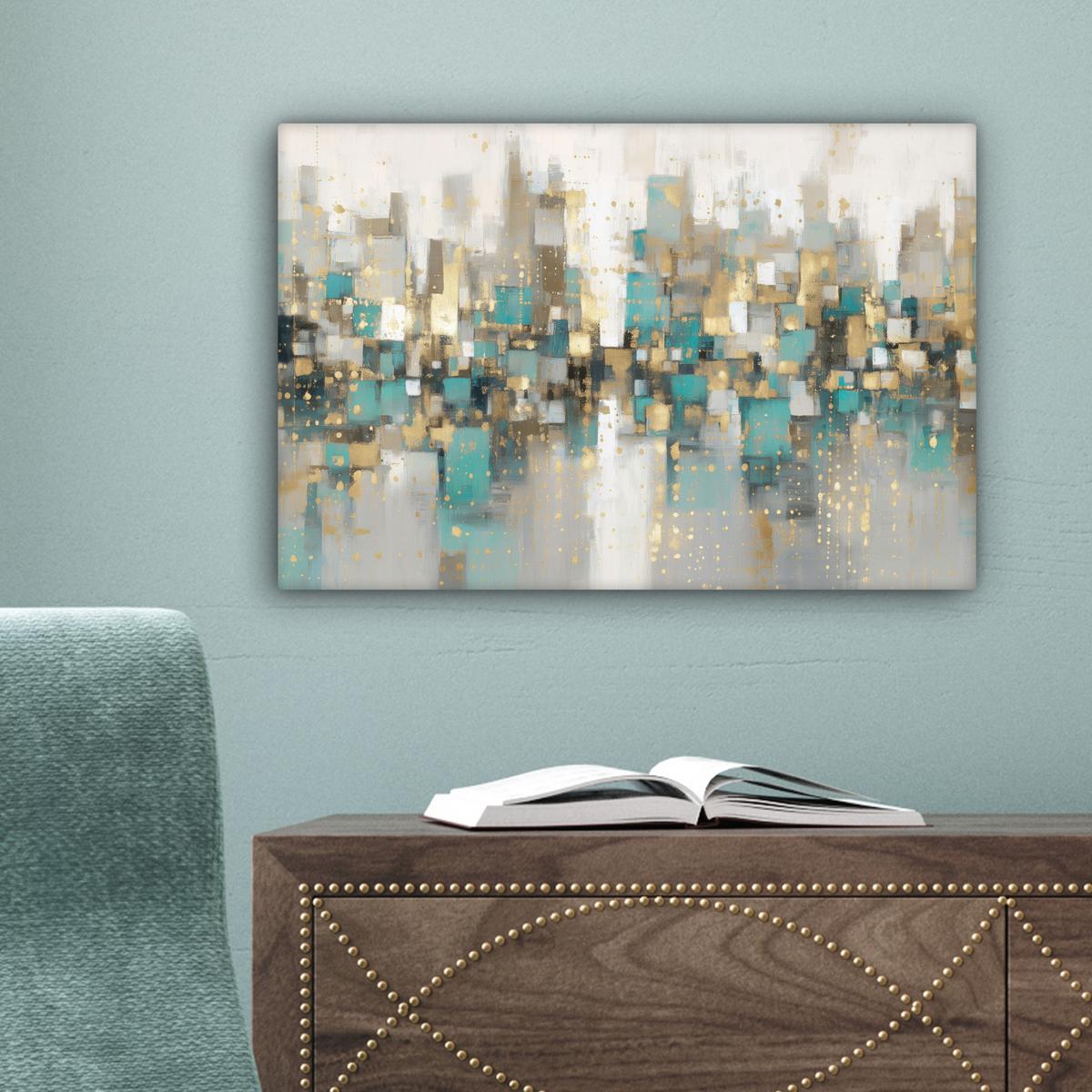 LEINWANDBILD Abstrakt - Blöcke - Gold - Skyline Deko Schlafzimmer 30x20 cm - Beige, Textil (30/20cm) - MuchoWow