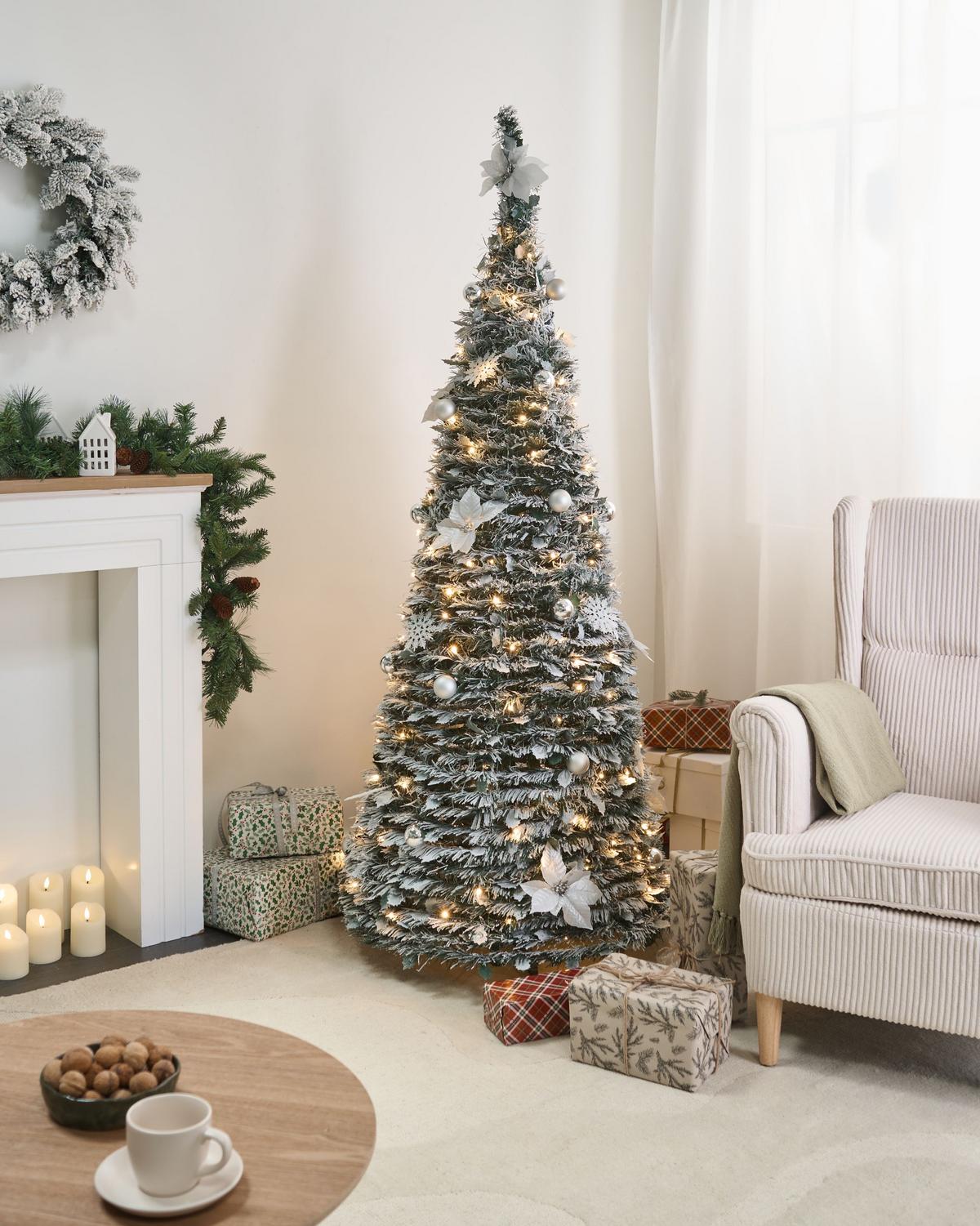 KÜNSTLICHER Weihnachtsbaum mit Schnee klappbar LED 185 cm Weiß Firvana - Silberfarben/Weiß, Kunststoff (185cm) - Beliani