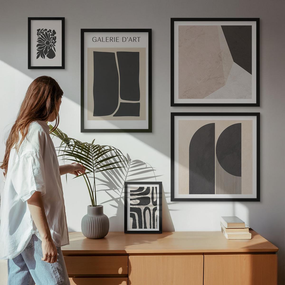 BILDER SET 5er Set - 50x50 cm & 20x30 cm & 40x60 cm Schwarzer Rahmen - Abstrakte minimalistische Poster - Schwarz, Kunststoff (40/60cm) - TULUP