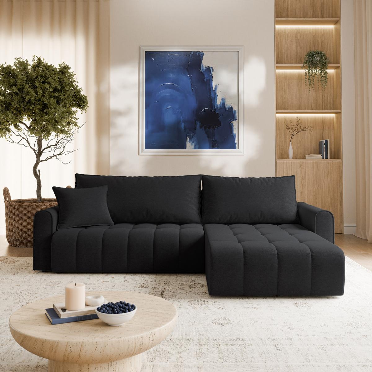 ECKSOFA FRIGA Schwarz Strukturstoff mit Schlaffunktion - Schwarz, Holz (283/185cm) - MASSENO