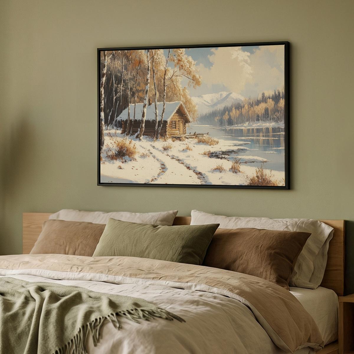LEINWAND Bilder mit Rahmen - Winter - Schnee - Zuhause - Natur - 100x70 - Hellbraun, Textil (100/70cm) - MuchoWow