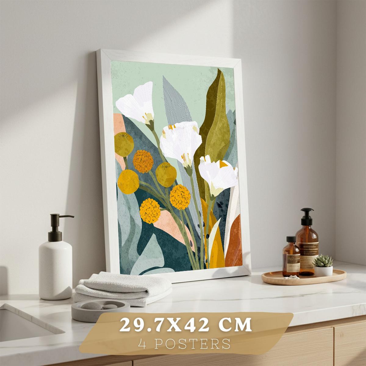POSTER 4er-Set dekorative Badezimmerdrucke, moderne abstrakte florale Wandposter für Waschbecken, farbenfrohe nordische Dekoration Rahmenlos A3 - Klar, Papier (42/29.7/3cm) - Nacnic