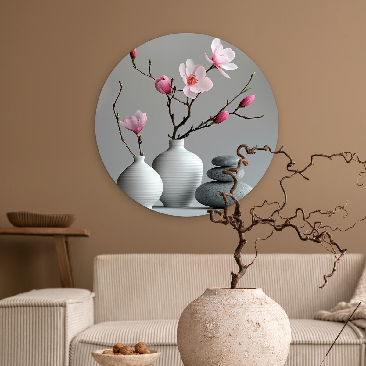 WANDBILD Magnolie - Blumen - Rosa - Zen-Steine Wanddeko Schlafzimmer 60x60 cm - Hellgrau, Kunststoff (60/60cm) - MuchoWow