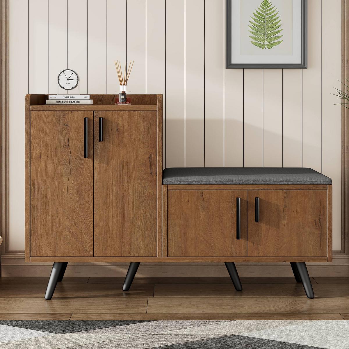 SCHUHBANK natur-optik, 4 türen & gepolsterte sitzfläche - Naturfarben, Holzwerkstoff (120/82.8/34cm) - Urban Meuble