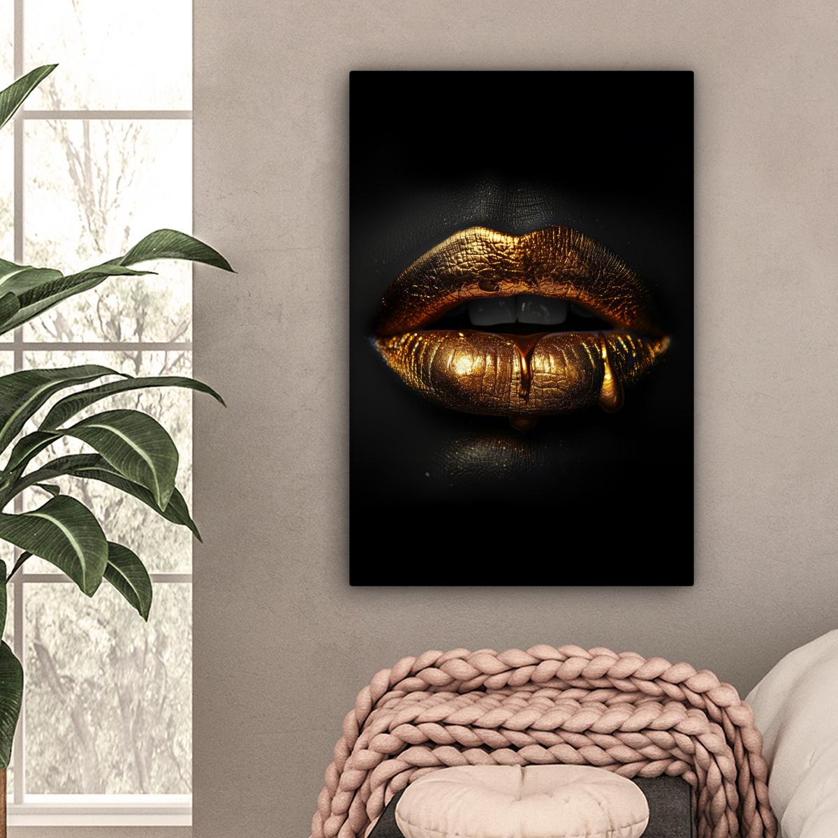 LEINWANDBILD Frau - Porträt - Lippen - Gold - Schwarz Wanddeko 40x60 cm - Schwarz, Textil (40/60cm) - MuchoWow