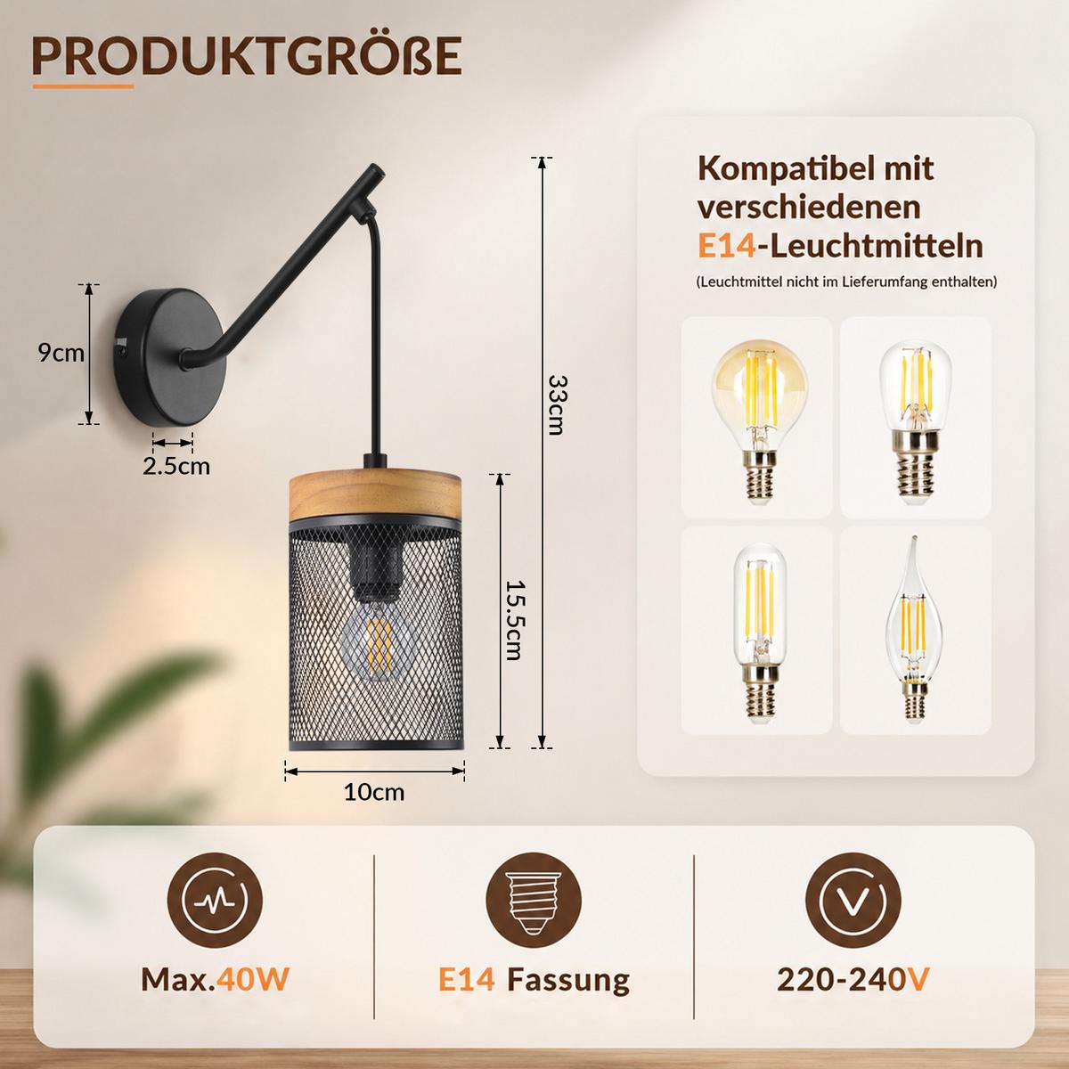 WANDLEUCHTE Nyth 15.5/10/33 cm - Schwarz, Holz/Metall (10/33/15.5cm) - ZMH