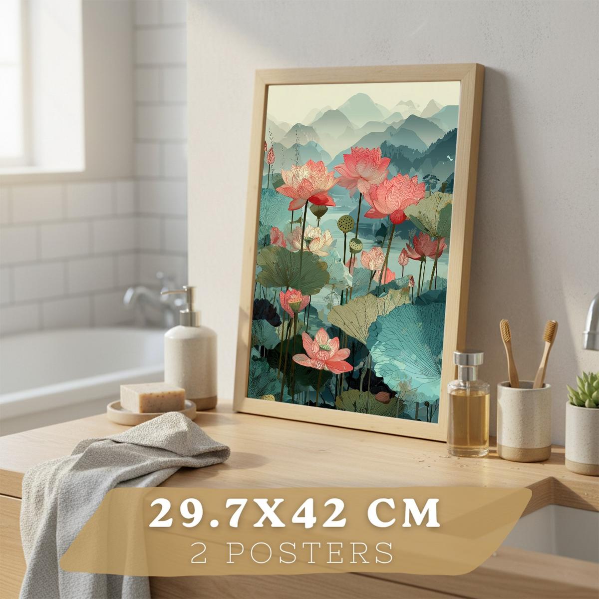 POSTER 2er-Set dekorative Badezimmerdrucke, japanisch-orientalische Kunstposter WC mit Lotusblumen, asiatische Landschaft, Stil Leichter Holzrahmen A3 - Beige, Papier (42/29.7/3cm) - Nacnic