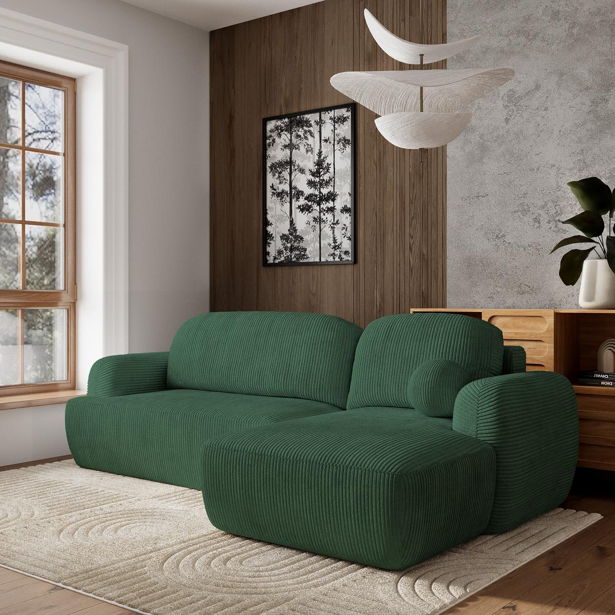 ECKSOFA MODENZA P R-S Grün Kordstoff mit Schlaffunktion - Schwarz/Grün, Holz/Kunststoff (266/148cm) - MASSENO