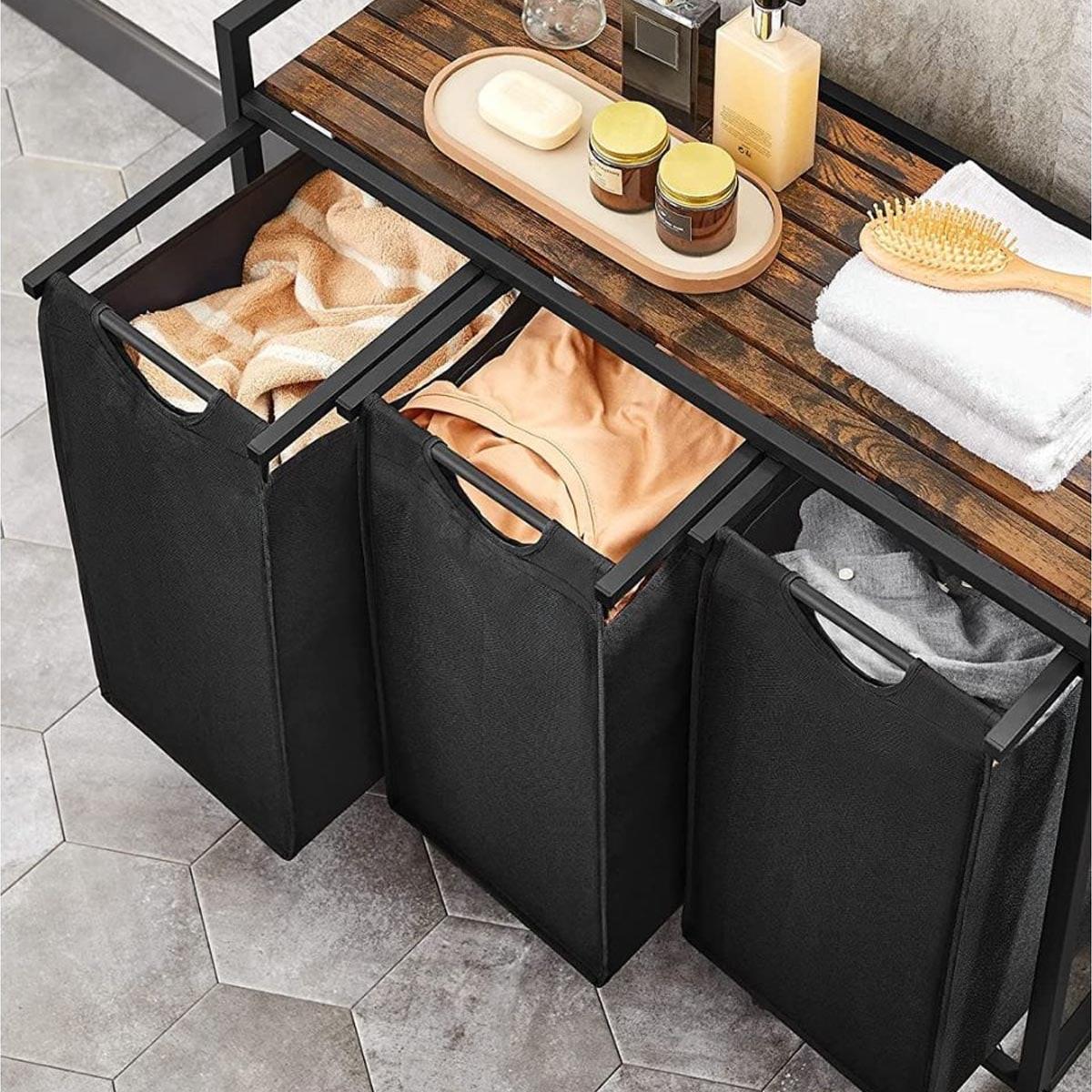 WÄSCHEBEHÄLTER mit 3 Fächern 38L - Schwarz, Holzwerkstoff (33/72/97.5cm) - Calicosy