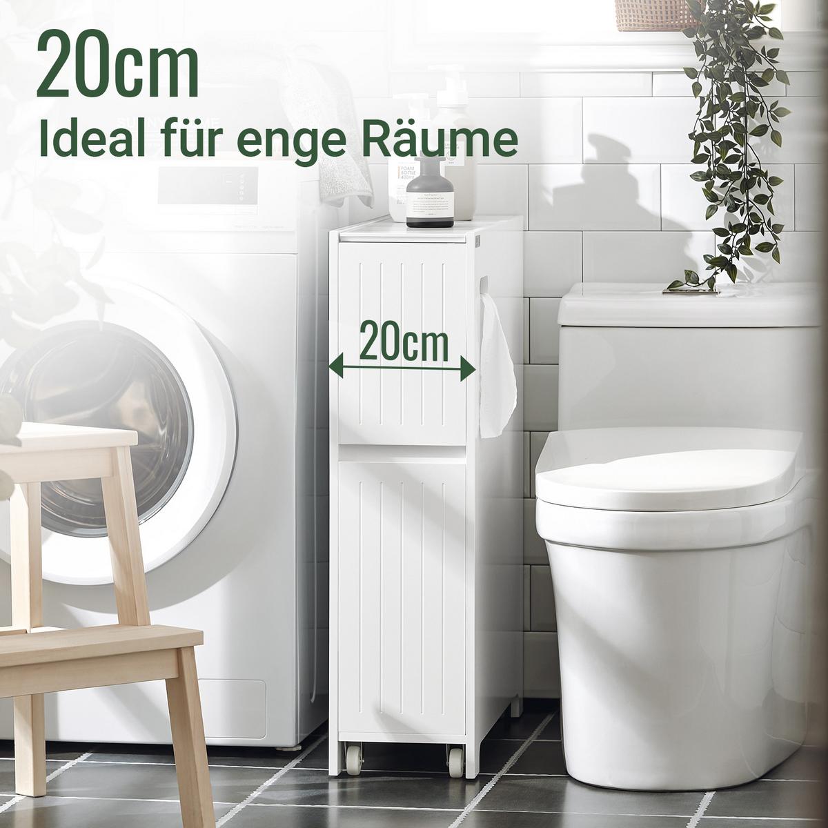 NISCHENREGAL mit Rollen, Weiß, 20 cm breit, 2 Schubladen und offenes Fach, auf Rollen, für schmale Lücken in Bad und Waschküche - Weiß, Holzwerkstoff (20/75/60cm) - SoBuy