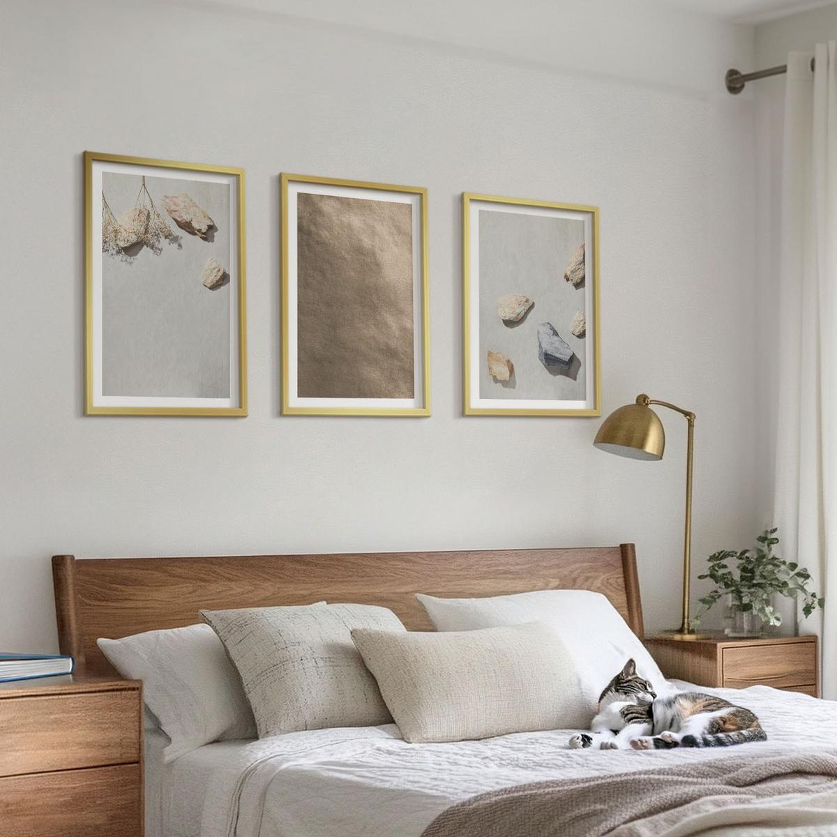 BILDER SET 3er Set - 40x60 cm Goldrahmen - Steine Strand natürliche Strukturen - Goldfarben, Kunststoff (40/60cm) - TULUP