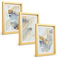 BILDER SET 3er Set - 20x30 cm Goldrahmen - Hellblau-beige Blätter - Goldfarben, Kunststoff (20/30cm) - TULUP