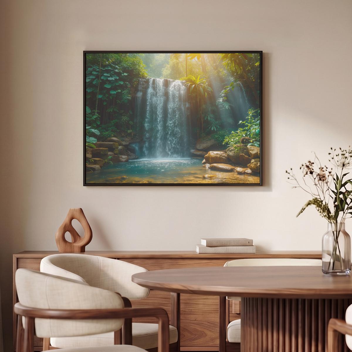 LEINWAND Bilder mit Rahmen - Wasserfall - Dschungel - Sonne - Grün - Natur - 80x60 - Grün, Textil (80/60cm) - MuchoWow