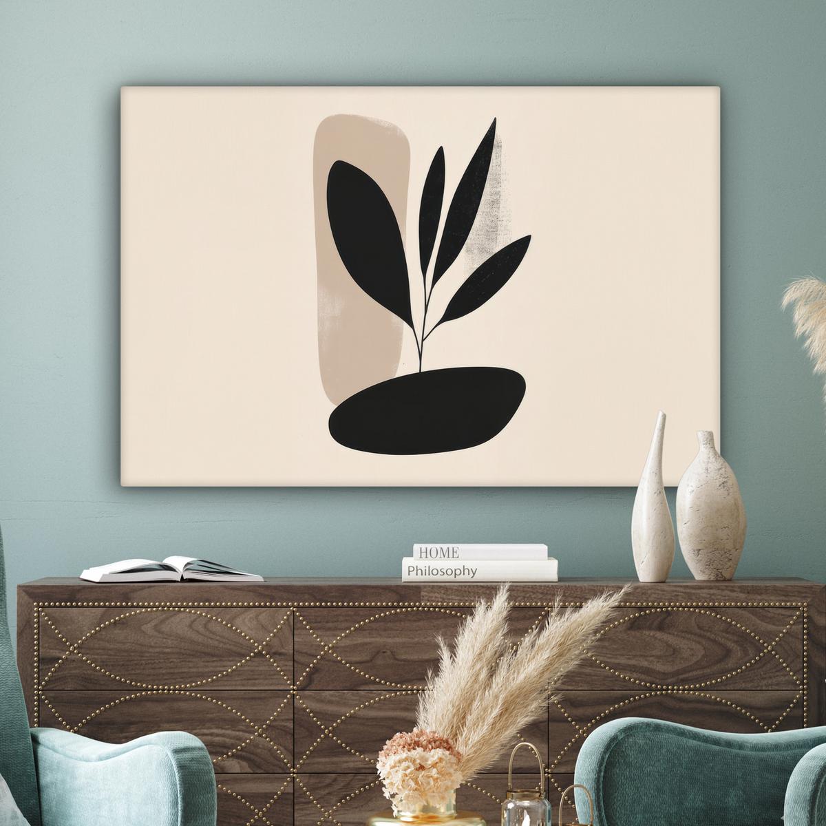 LEINWANDBILD Pflanze - Beige - Japanisch Wohnzimmer Groß 120x80 cm - Schwarz, Textil (120/80cm) - MuchoWow