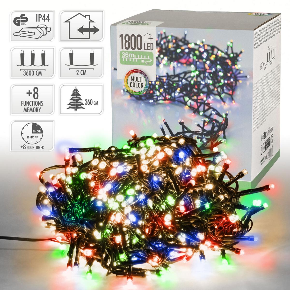 LED CLUSTER LICHTERKETTE Bunt 36m 1800LED 8 Modi Timer Innen/Außen - Grün, Kunststoff (360cm) - ECD-Germany
