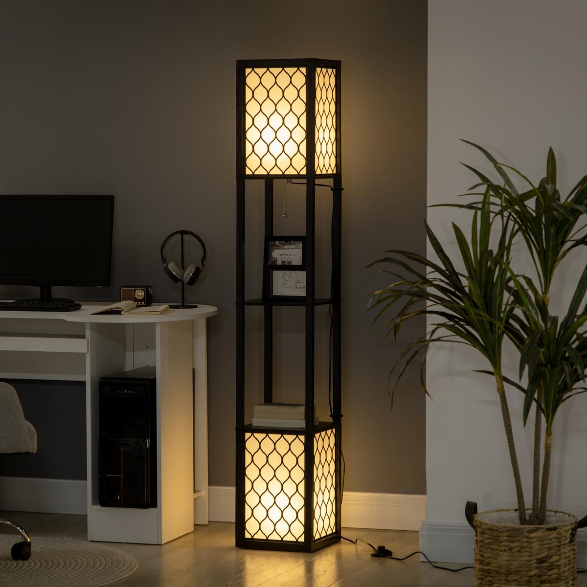 STEHLAMPE mit Regal Standlampe mit Doppellicht exkl. Leuchtmittel für Wohnzimmer - Schwarz, Kunststoff (26/26/156cm) - HOMCOM