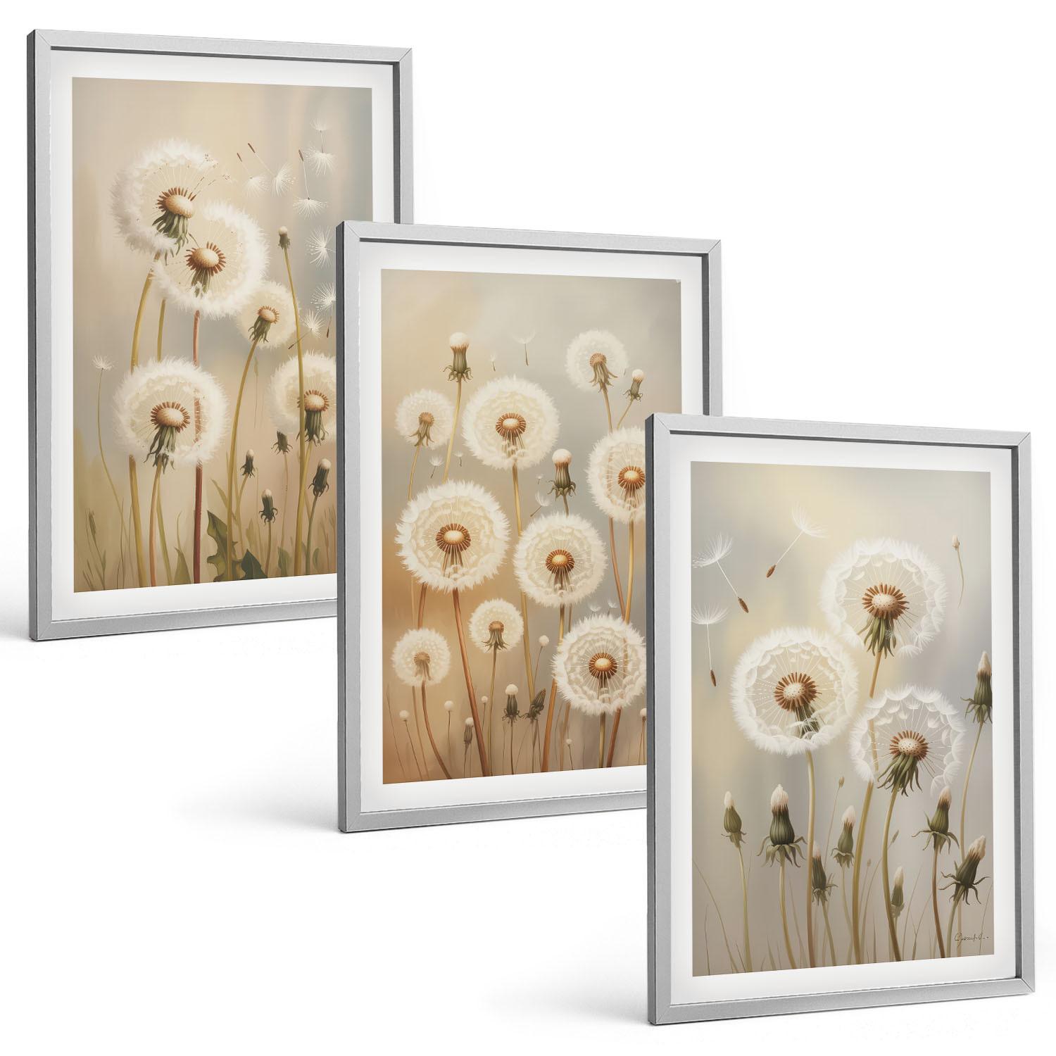 BILDER SET 3er Set - 40x60 cm Silberner Rahmen - Weiße Löwenzahnblüten auf hellem Hintergrund - Silberfarben, Kunststoff (40/60cm) - TULUP