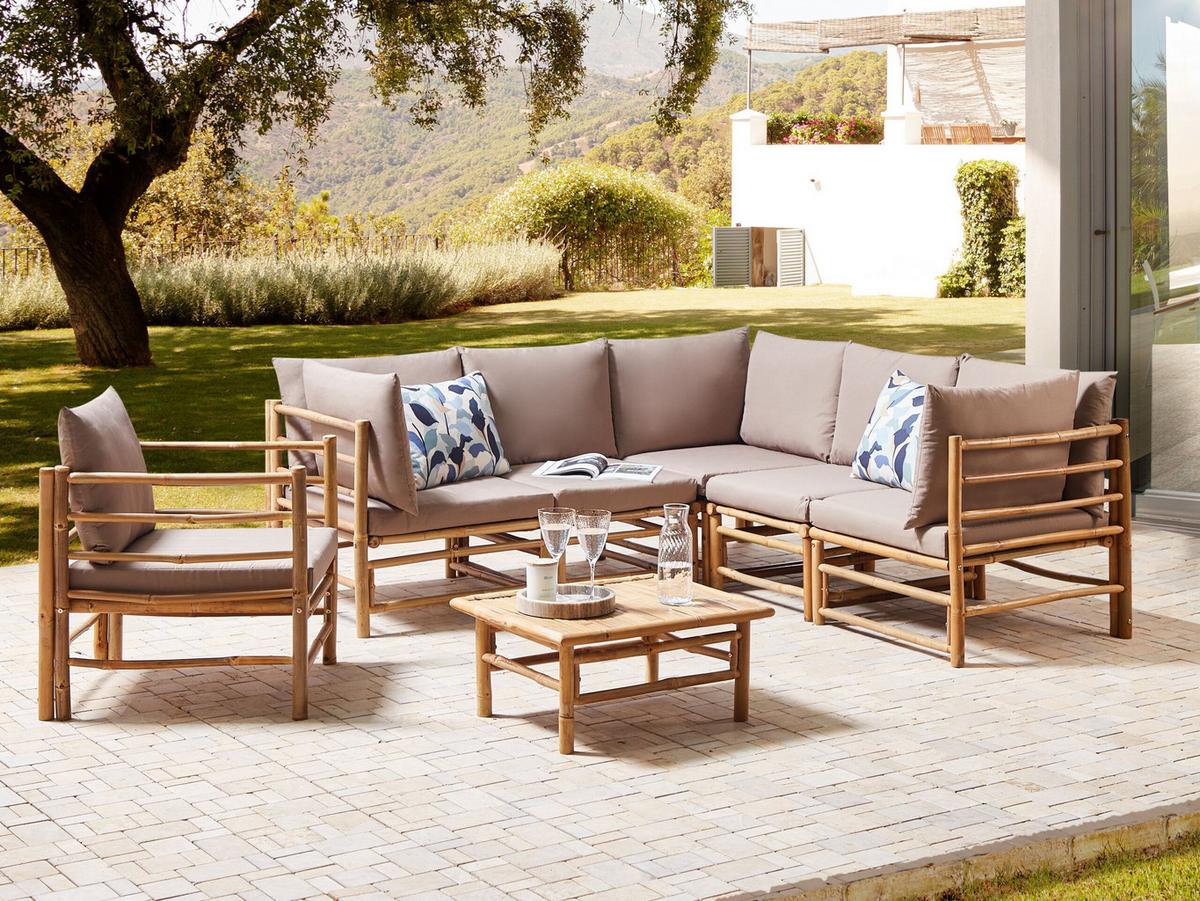 LOUNGE SET 6-Sitzer Bambusholz hellbraun 3-teilig Auflagen taupe Cerreto - Taupe, Holz - Beliani