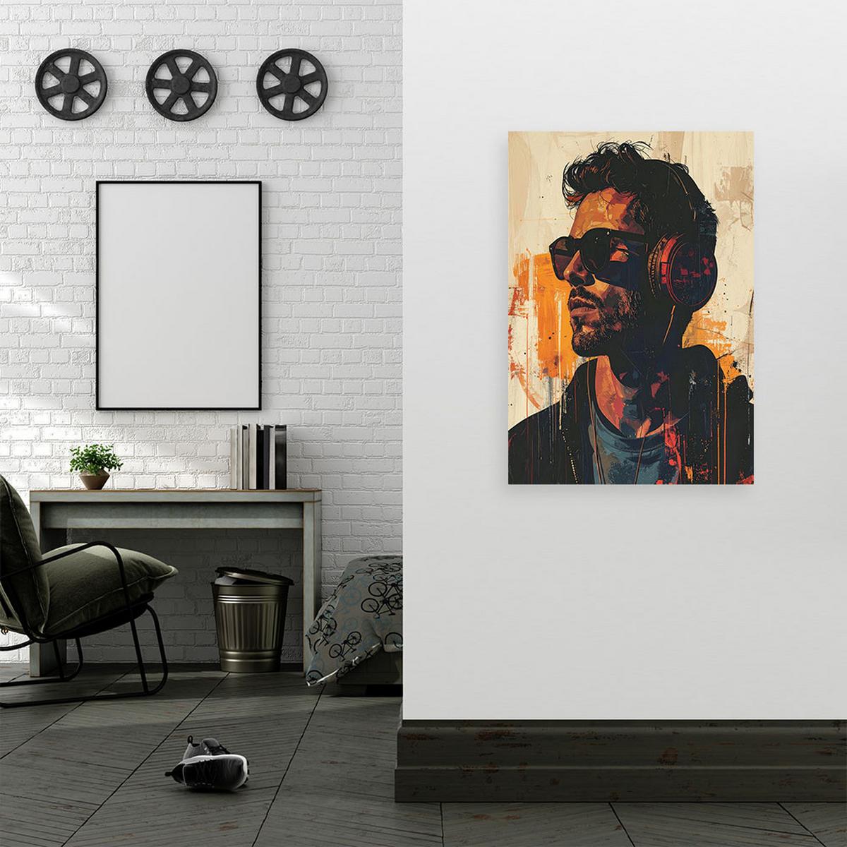 BILD auf Leinwand, Abstraktr Mann mit Kopfhörer und Brille - Orange, Textil (20/30cm) - Feeby