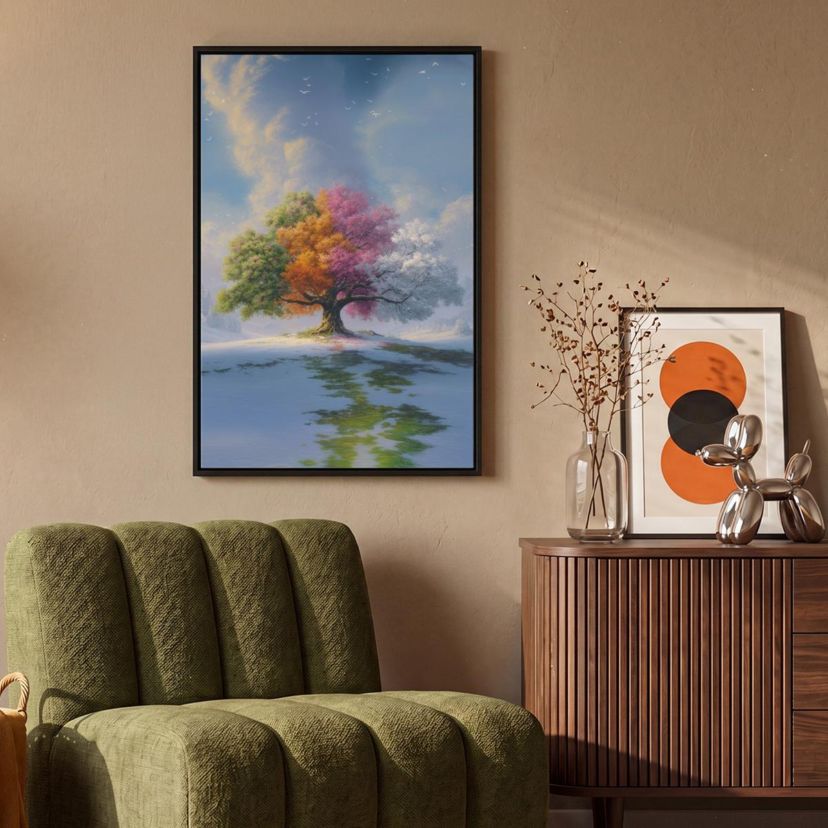 LEINWAND Bilder mit Rahmen - Baum - Jahreszeiten - Winter - Landschaft - 60x90 - Multicolor, Textil (60/90cm) - MuchoWow