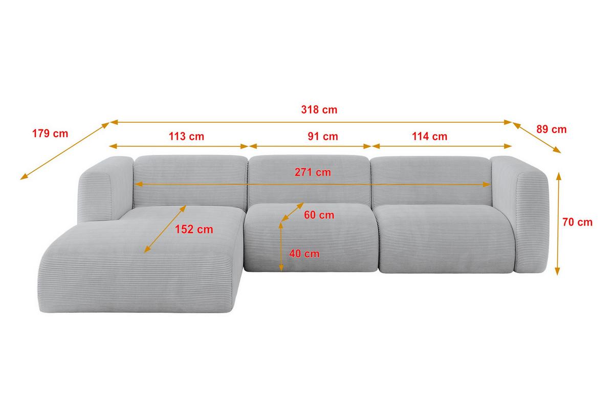 ECKSOFA Ottomane Links MIRA-L2 318x179x89 Grau Cord - Blaugrau/Schwarz, Holzwerkstoff/Kunststoff (318/179cm) - ALTDECOR