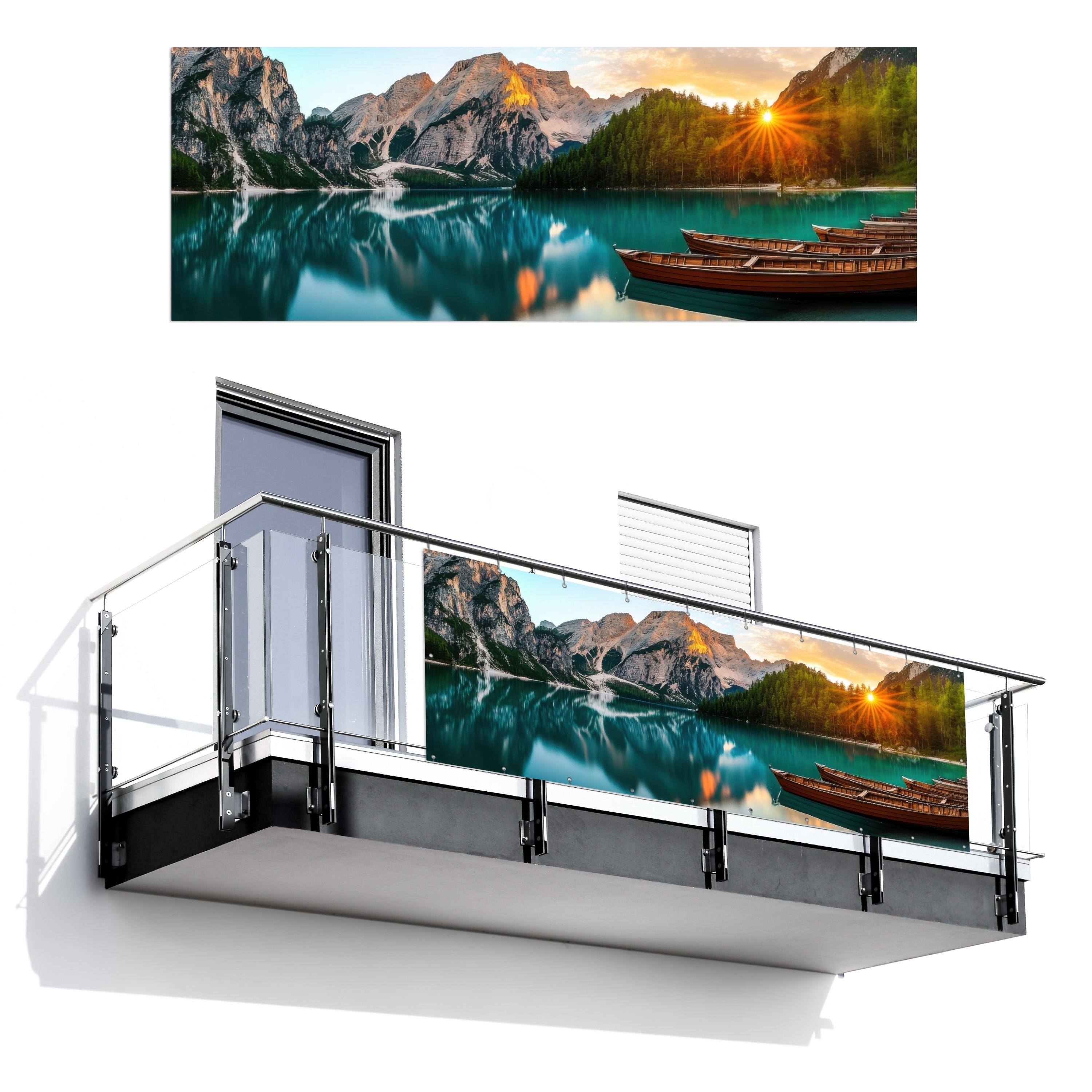 BALKON-SICHTSCHUTZ See - Berge - Sonnenuntergang - Boot Balkon Deko 300x110 cm - Petrol, Kunststoff (300/110cm) - MuchoWow