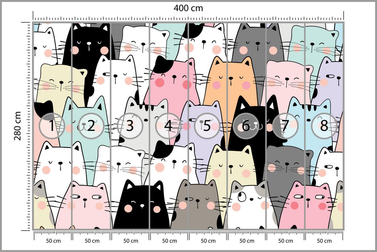 FOTOTAPETE für Kinderzimmer Bunte Katzen Cartoon Abstraktion 400x280 - Blau/Gelb, Papier (400/280cm) - Muralo