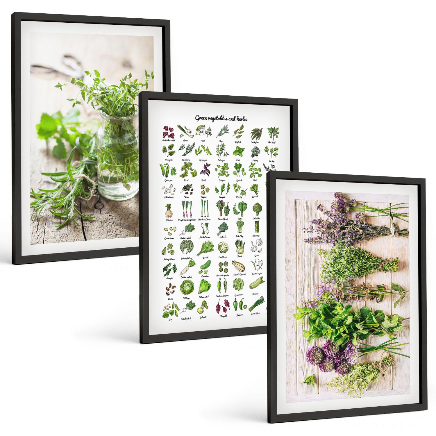 BILDER SET 3er Set - 40x60 cm Schwarzer Rahmen - Getrocknete Kräuter für die Küche - Schwarz, Kunststoff (40/60cm) - TULUP