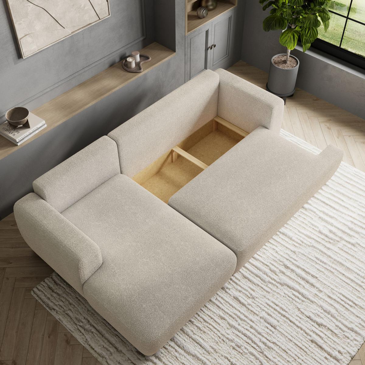 ECKSOFA SENTI N L-S Creme Boucle-Stoff mit Schlaffunktion - Creme/Schwarz, Holz/Kunststoff (246/148cm) - MASSENO