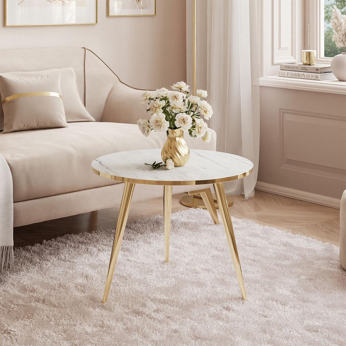 COUCHTISCH SOLEIL GOLD Weiß Marmor, 50cm - Weiß, Holzwerkstoff (70/50/47cm) - Lookway