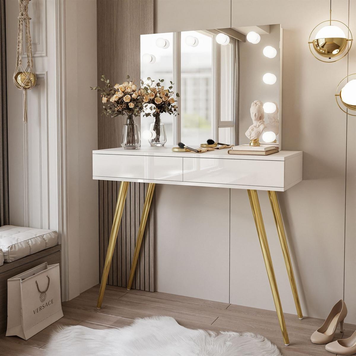 SCHMINKTISCH SIENNA GOLD ELITE mit Spiegel PUSH OPEN - Weiß Hochglanz/Goldfarben, Holzwerkstoff (100/81/42cm)