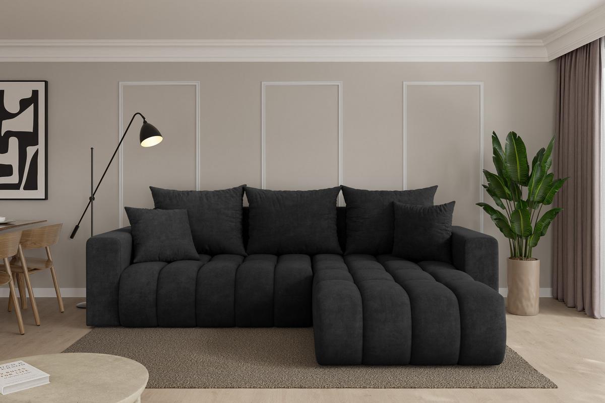 ECKSOFA mit Schlaffunktion Ottomane Rechts MILA-L-v1 277x195x86 Schwarz Velours - Schwarz, Holzwerkstoff/Kunststoff (277/194cm) - ALTDECOR