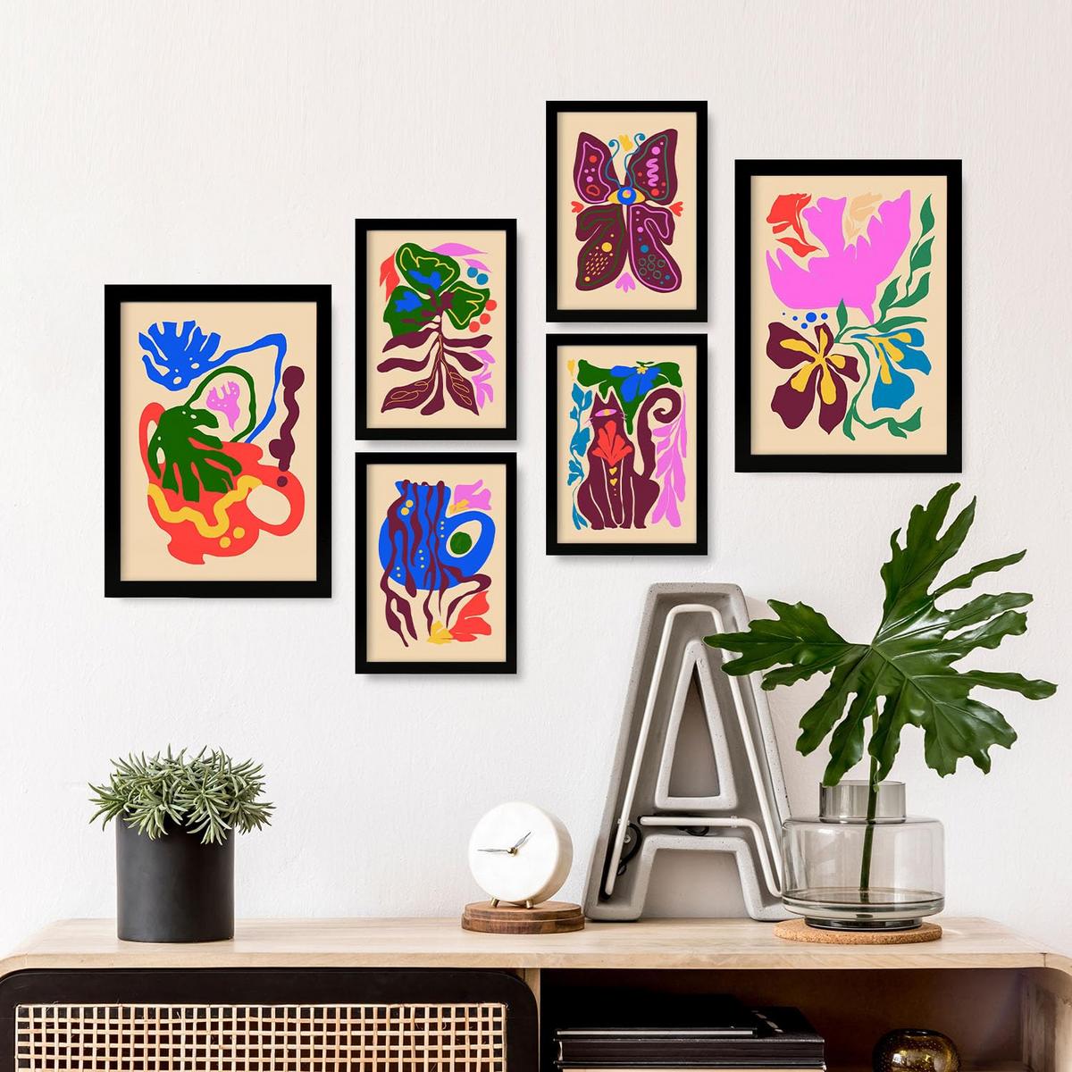 POSTER Set Mit 6 Malerisch 4 In Blume Zusammenfassung Ästhetische Dekorative Gemälde Für Ihr Wohnzimmer Schlafzimmer Zuhause A3 & A4 Schwarzer Rahmen - Schwarz, Papier (29/3cm) - Nacnic