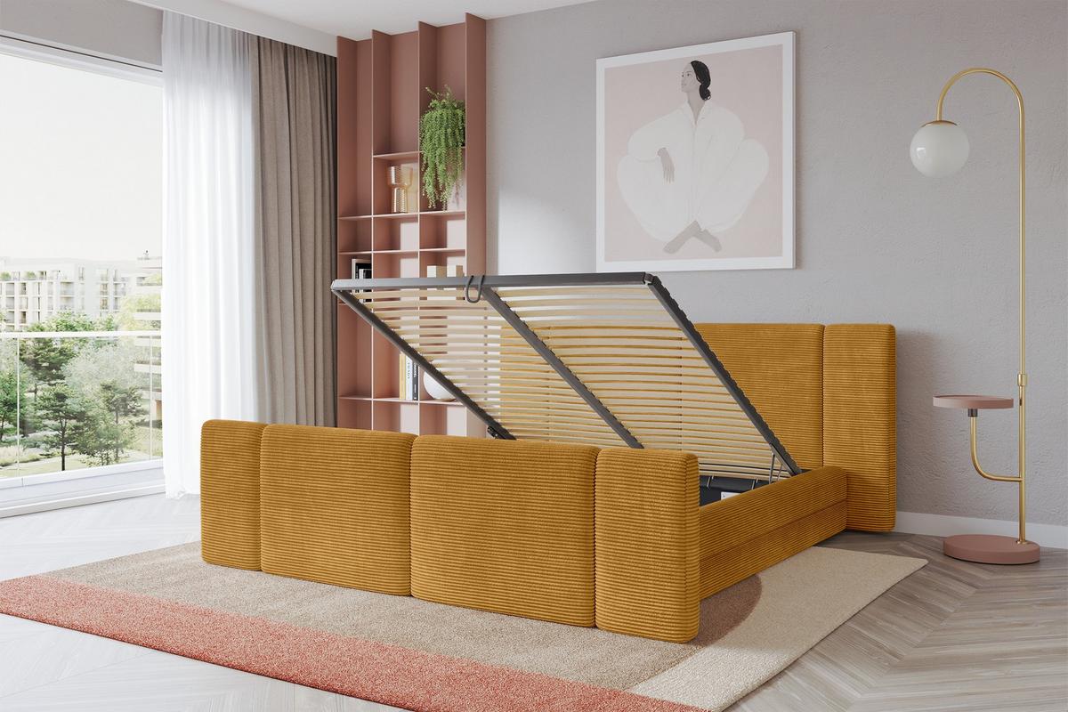 POLSTERBETT mit Bettkasten, Fußteil und Lattenrost, Bett mit Matratze H3/H4 - TEVO-Z 140x200 Senfgelb - Gelb, Holzwerkstoff/Textil (140/200cm) - ALTDECOR