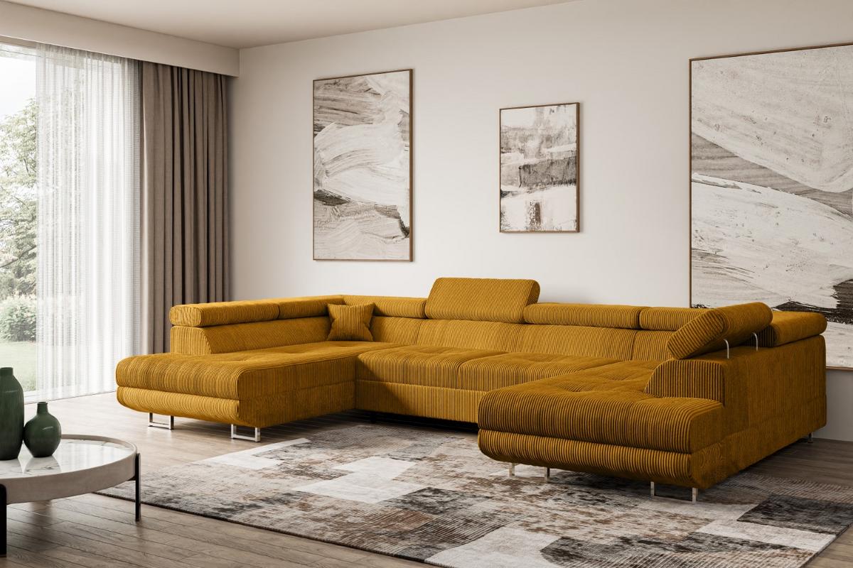 WOHNLANDSCHAFT mit Schlaffunktion und Bettkasten GUSA-U 342x202x107 cm Senfgelb Cord - Gelb/Silberfarben, Holzwerkstoff/Textil (342/107/202cm) - ALTDECOR