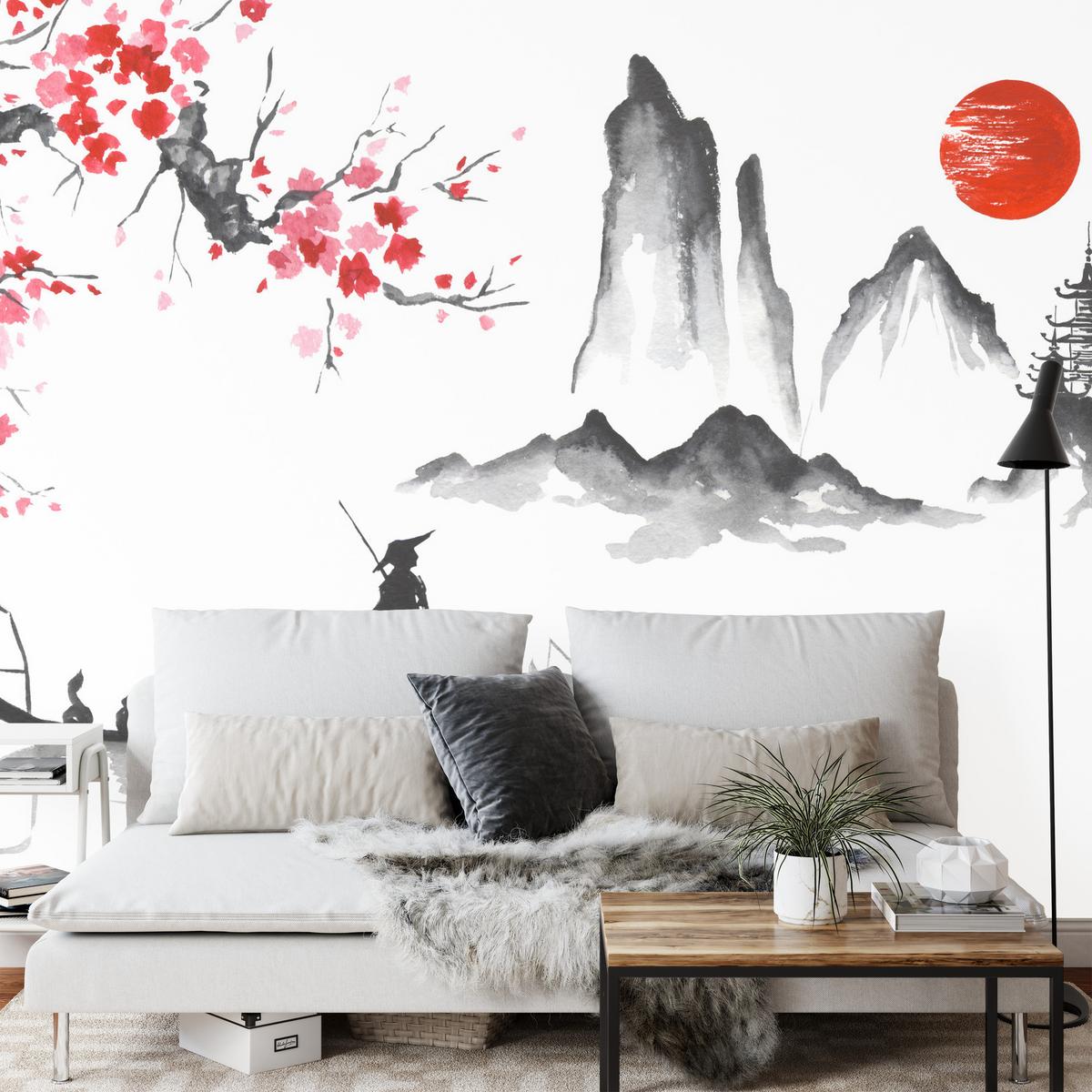 FOTOTAPETE Japanische Landschaft Aquarell 200x140 - Rot/Schwarz, Papier (200/140cm) - Muralo