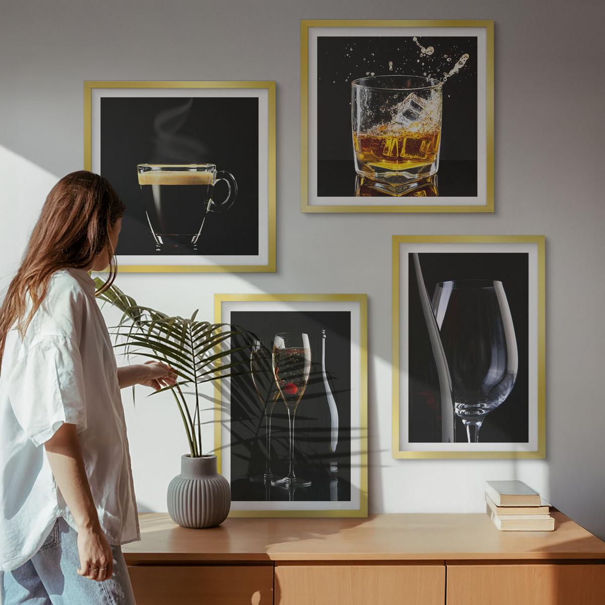 BILDER SET 4er Set - 50x50 cm & 40x60 cm Goldrahmen - Whisky, Wein, Champagner, Kaffee, Alkohol - Goldfarben, Kunststoff (50/50cm) - TULUP