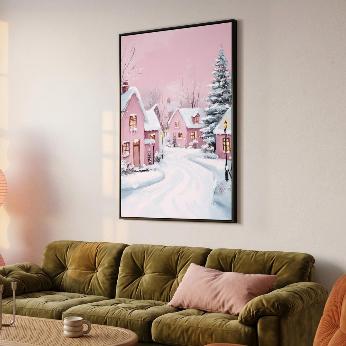 LEINWAND Bilder mit Rahmen - Weihnachtsdorf - Rosa - Winter - Schnee - Häuser - 90x140 - Altrosa, Textil (90/140cm) - MuchoWow