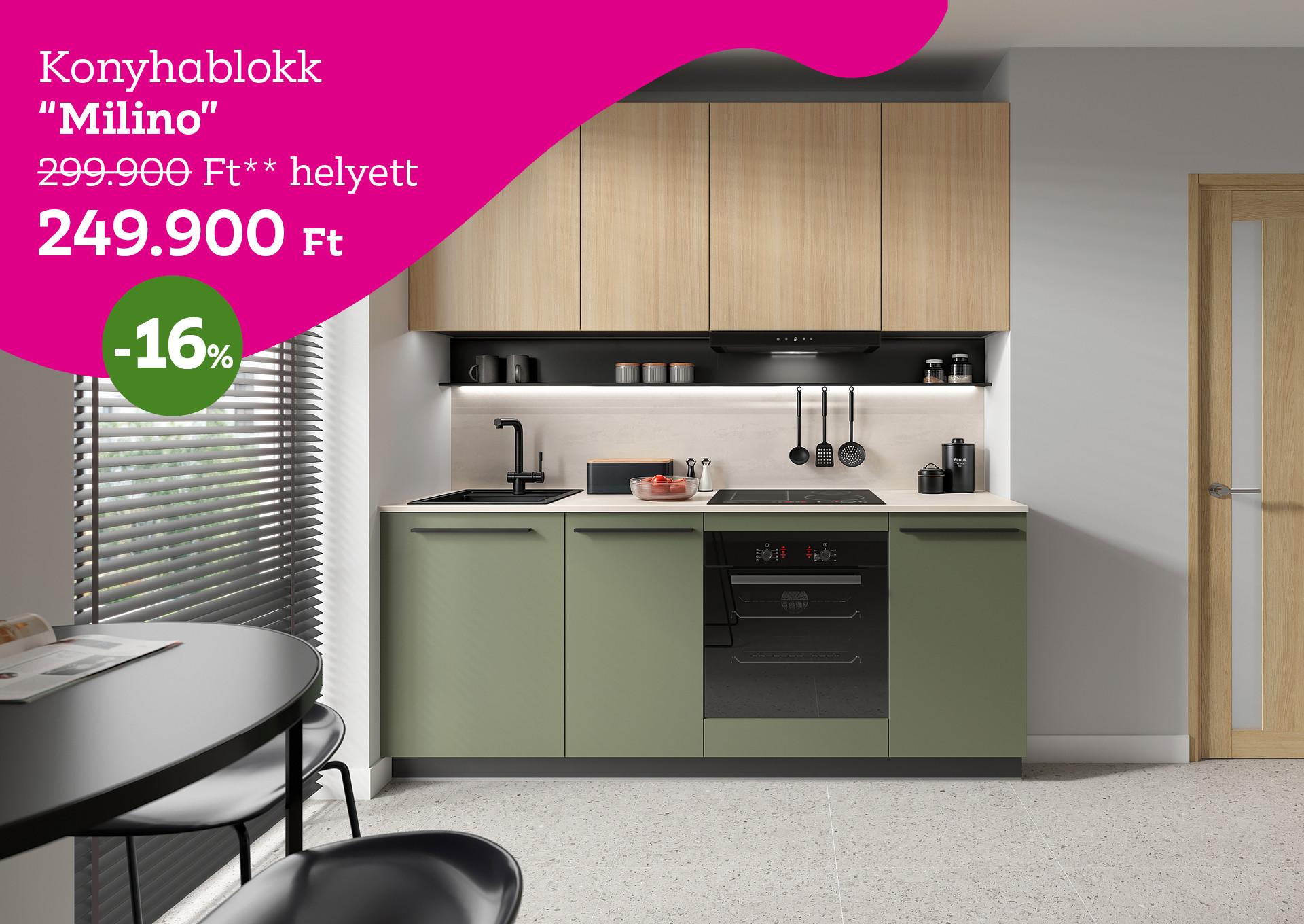 Konyhablokk Milino 299900 Forint helyett 249900 Forint, kedvezmény mértéke 16%