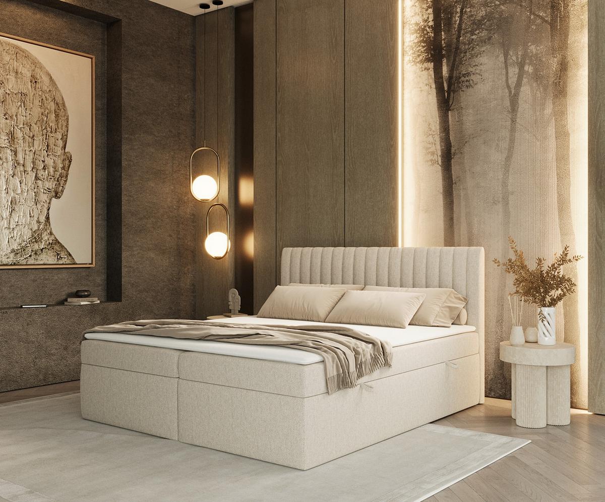 BOXBETT Maldon 140/200 cm Hellbeige im Megan Stoff - Sandfarben/Schwarz, Holz/Holzwerkstoff (140/200cm) - AltaBeds