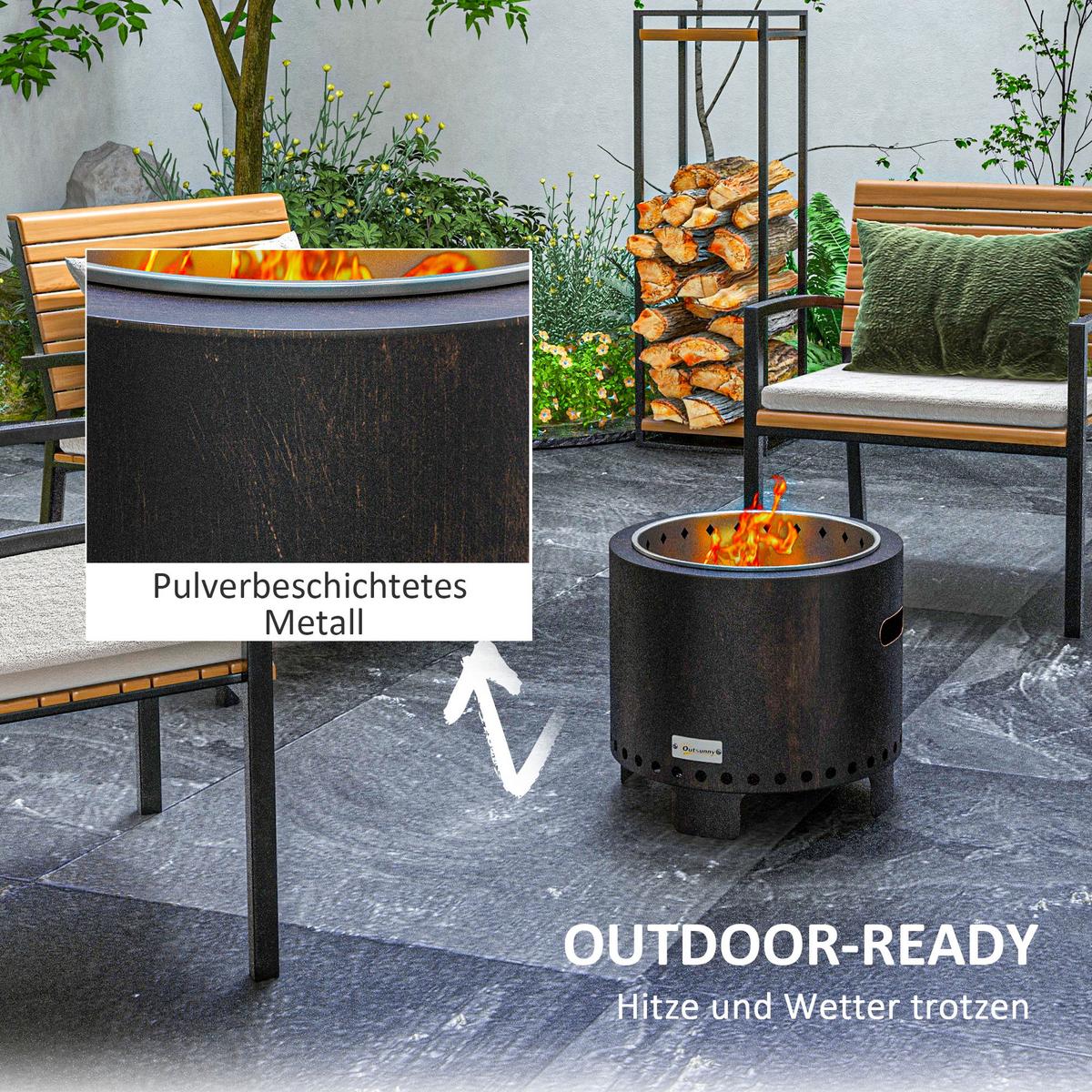 FEUERSCHALE, rauchfreier Tischfeuer, Ø45 cm Feuerstelle mit Griff, Schürhaken - Schwarz, Metall (45/42/45cm) - Outsunny