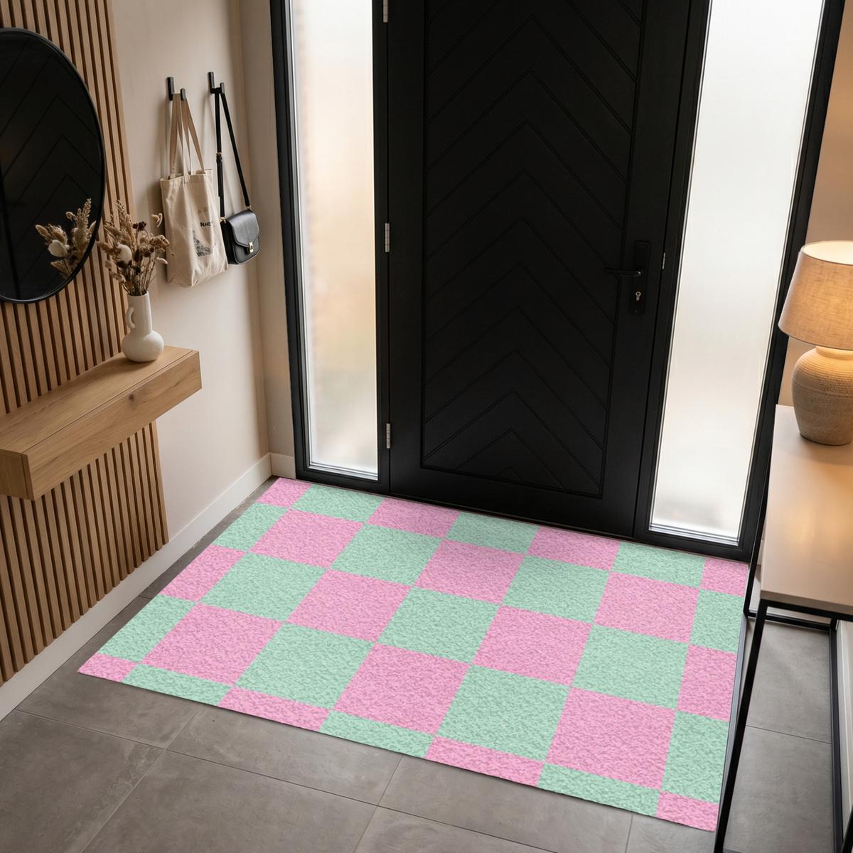 FUSSMATTE Schachbrettmuster - Grün - Rosa - Würfel Fußabtreter 180x120 cm - Mintgrün, Kunststoff (180/0.4cm) - MuchoWow
