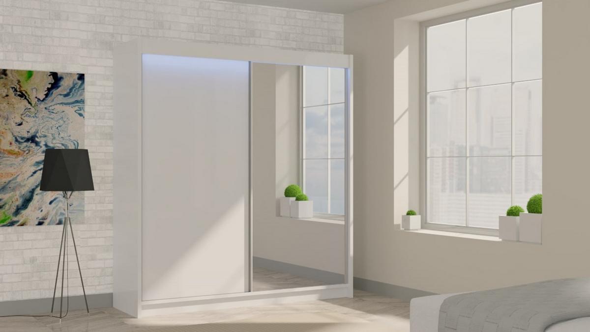 KLEIDERSCHRANK mit Spiegel-Schiebetüren und Aluminium-Leisten - PARTI - 200 cm Weiß - Weiß, Holzwerkstoff (200/216/61cm) - ALTDECOR